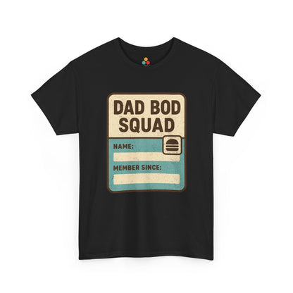 Black t‑shirt with cream and teal “Dad Bod Squad” badge design and burger icon, flat front view.
