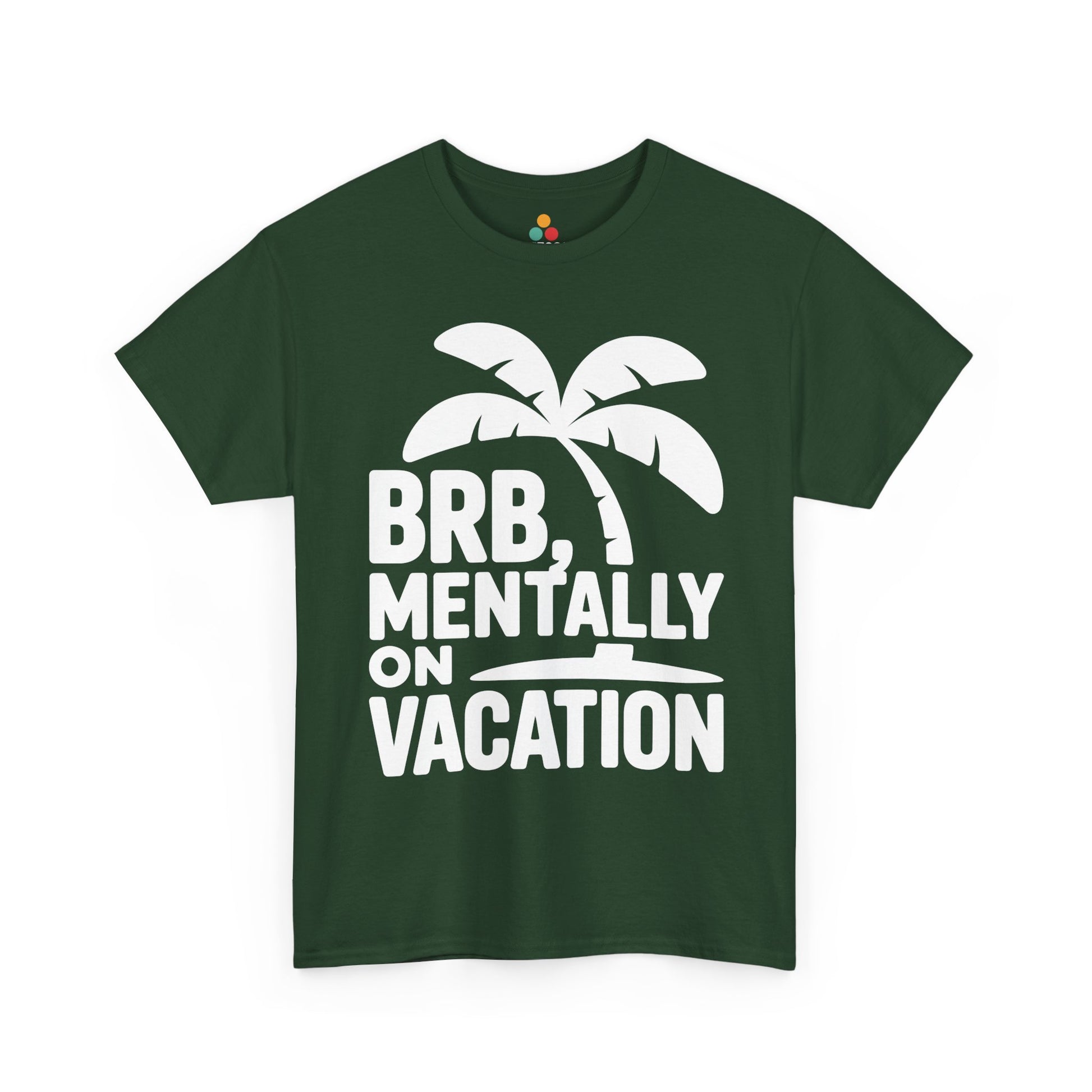 Green t-shirt with palm tree design and text 'BRB, Mentally on Vacation' on a white background | TEEZOCA