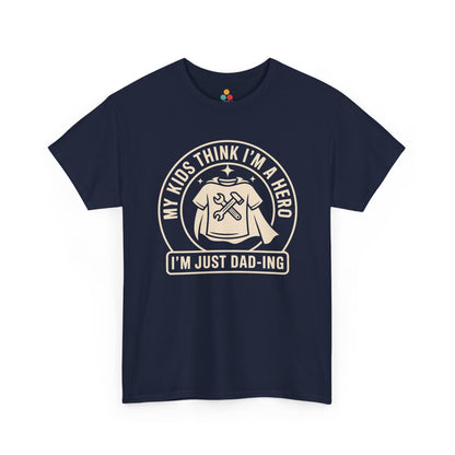 TEEZOCA navy “My Kids Think I’m A Hero I’m Just Dad‑ing” novelty graphic T‑shirt shown flat.