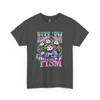 “Gray t‑shirt featuring neon ‘Rizz ’Em With the ’Tism’ lettering and opossum squad artwork, flat front.”

