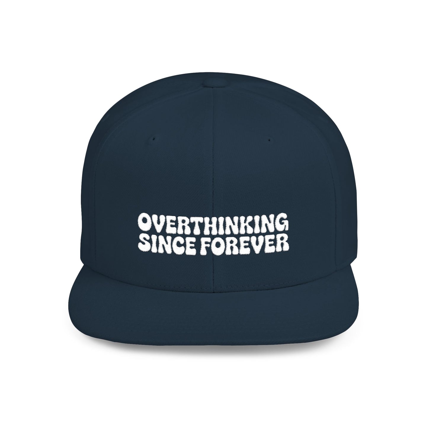 Navy blue cap with 'OVERTHINKING SINCE FOREVER' text on a white background