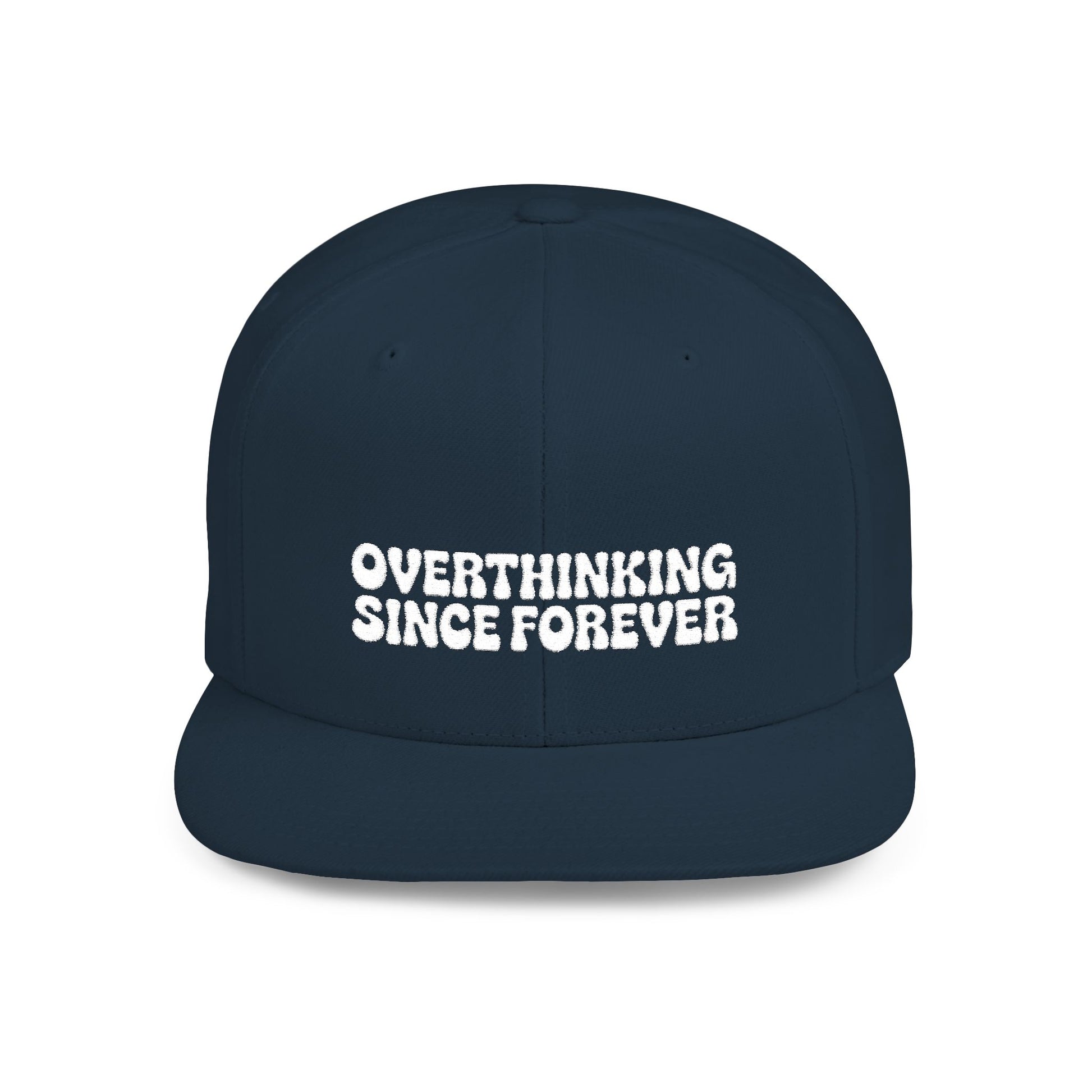 Navy blue cap with 'OVERTHINKING SINCE FOREVER' text on a white background