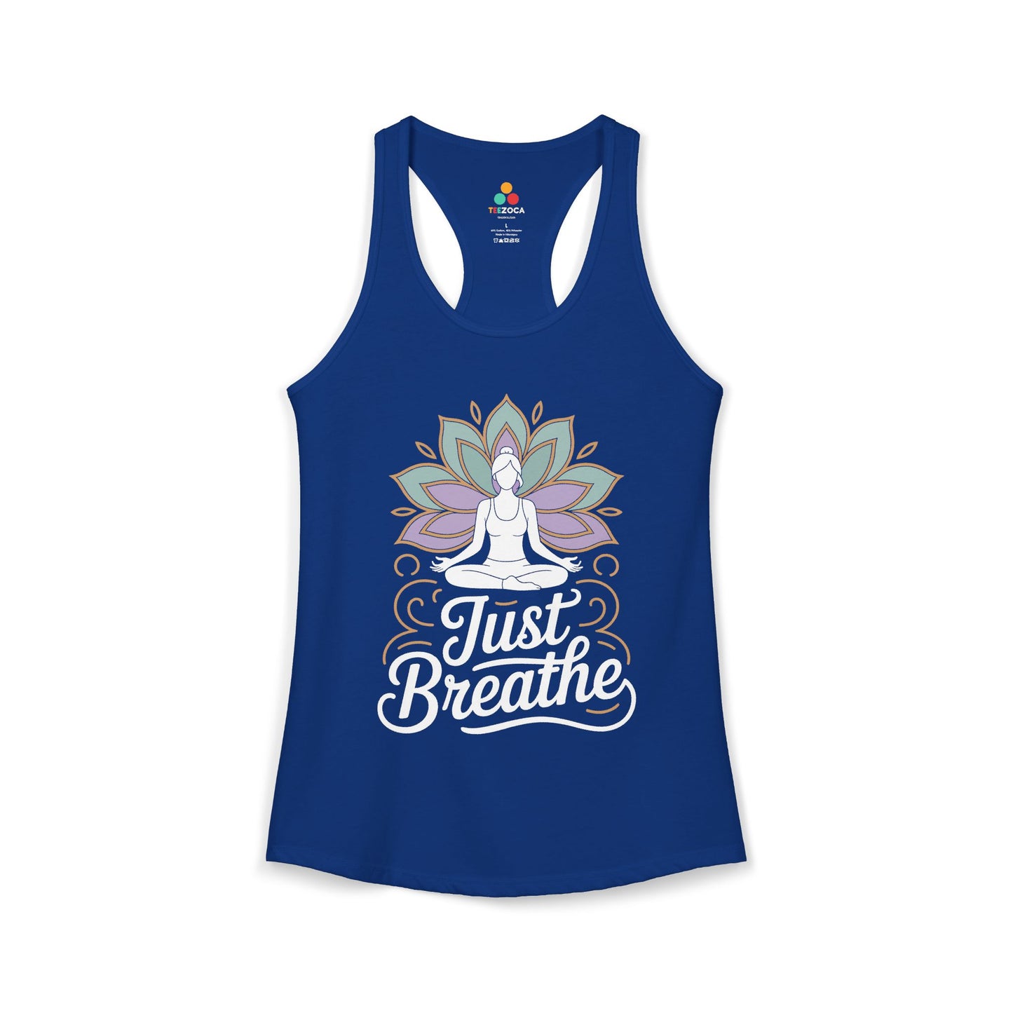 TEEZOCA women’s yoga tank top with “Just Breathe” meditation and lotus mandala design