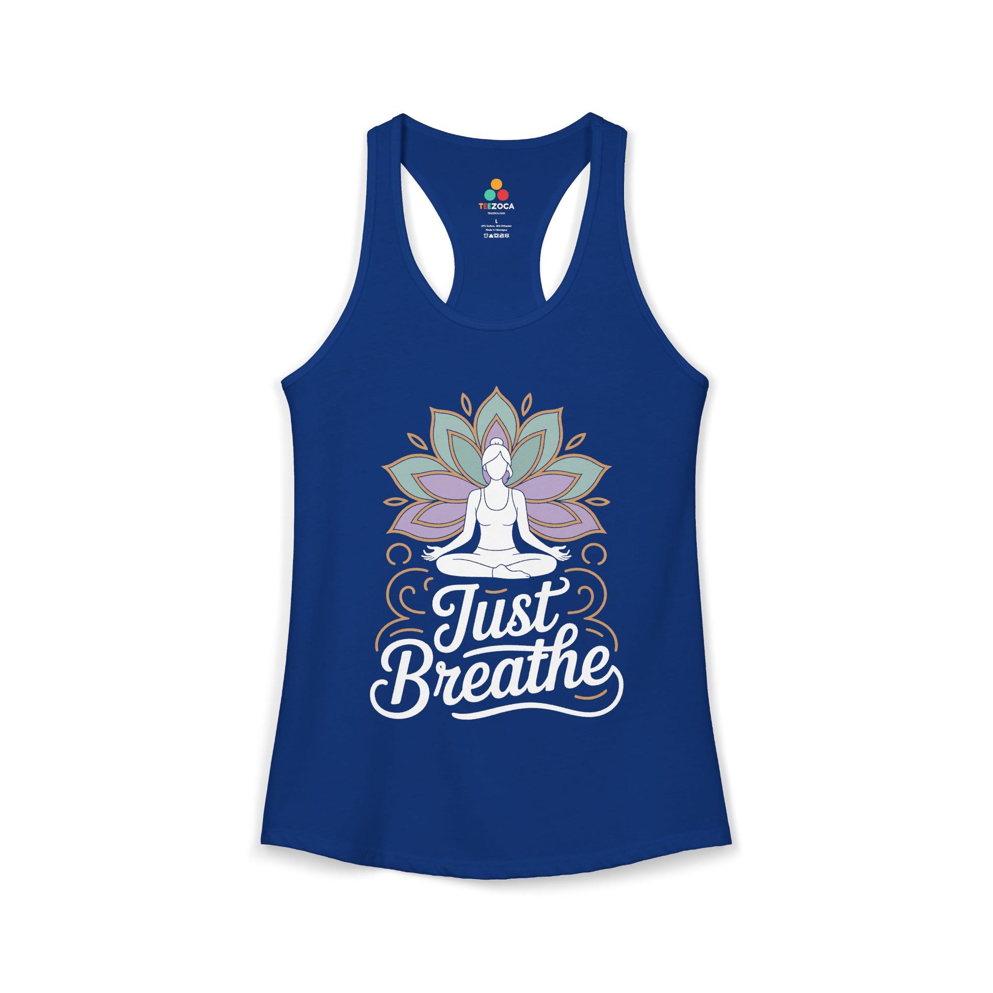 TEEZOCA women’s yoga tank top with “Just Breathe” meditation and lotus mandala design