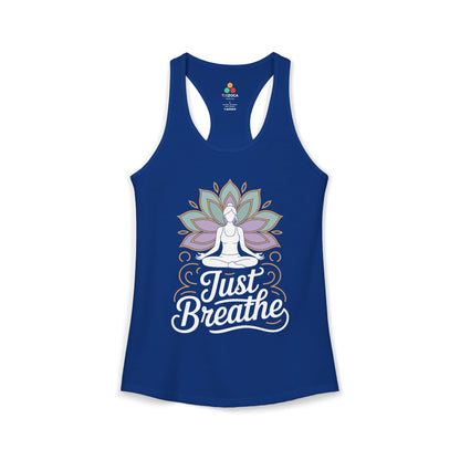 TEEZOCA women’s yoga tank top with “Just Breathe” meditation and lotus mandala design