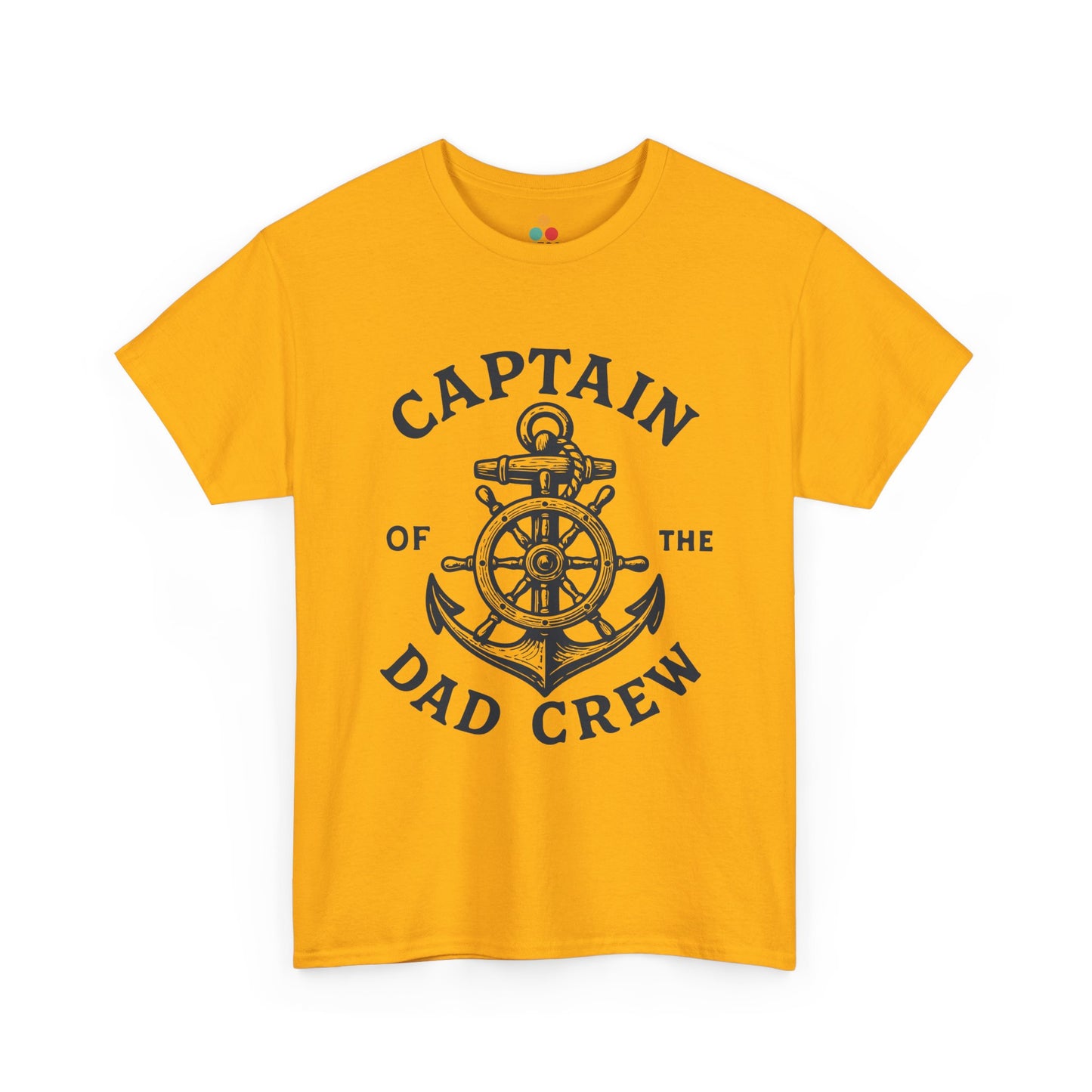 “Teezoca mustard yellow Captain of the Dad Crew shirt, bold nautical anchor and wheel graphic, boating dad tee, front.”

