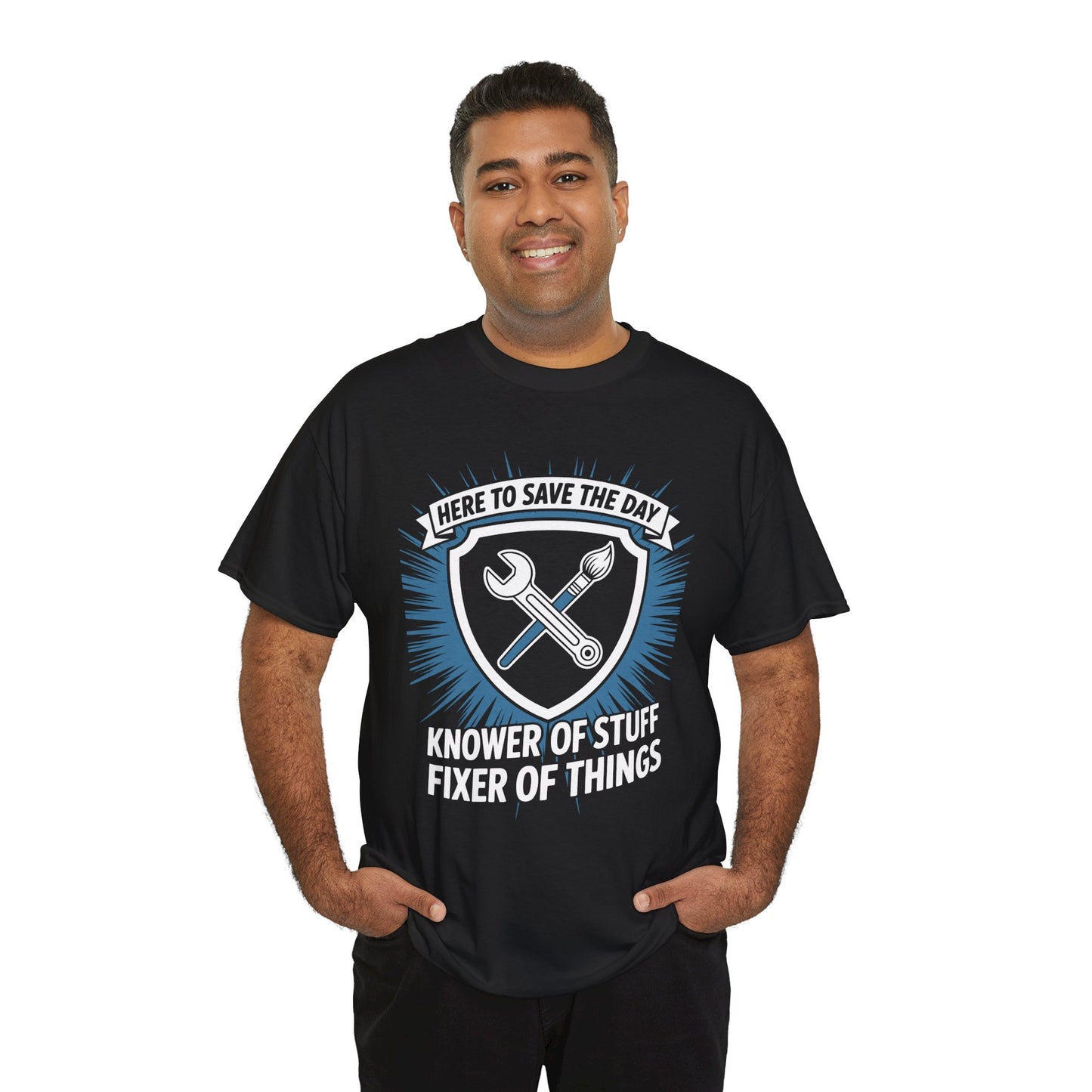 Person wearing a black TEEZOCA “Knower Of Stuff Fixer Of Things” funny handyman t‑shirt in a lifestyle mockup.