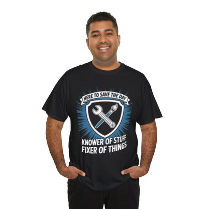 Person wearing a black TEEZOCA “Knower Of Stuff Fixer Of Things” funny handyman t‑shirt in a lifestyle mockup.
