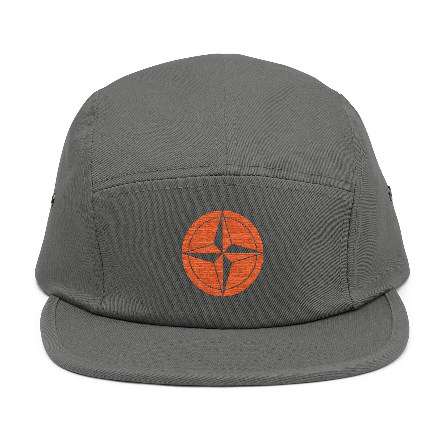 Gray cap with an orange logo on a white background. minimalist compass star icon embroidered design for 5-panel cap by TEEZOCA