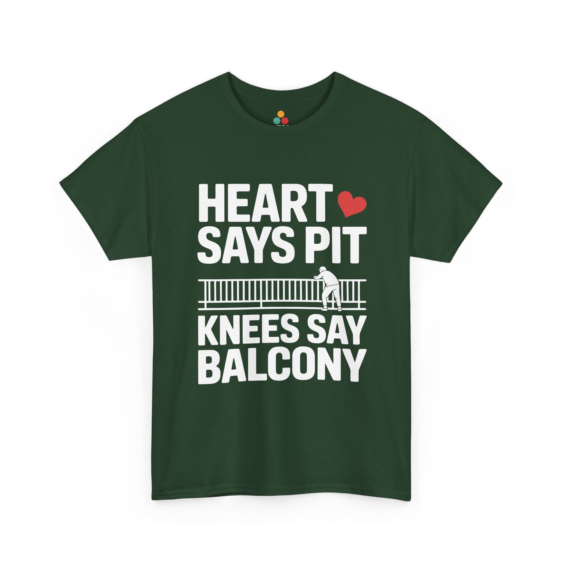 Green t-shirt mockup with “Heart Says Pit Knees Say Balcony” balcony design, front print.