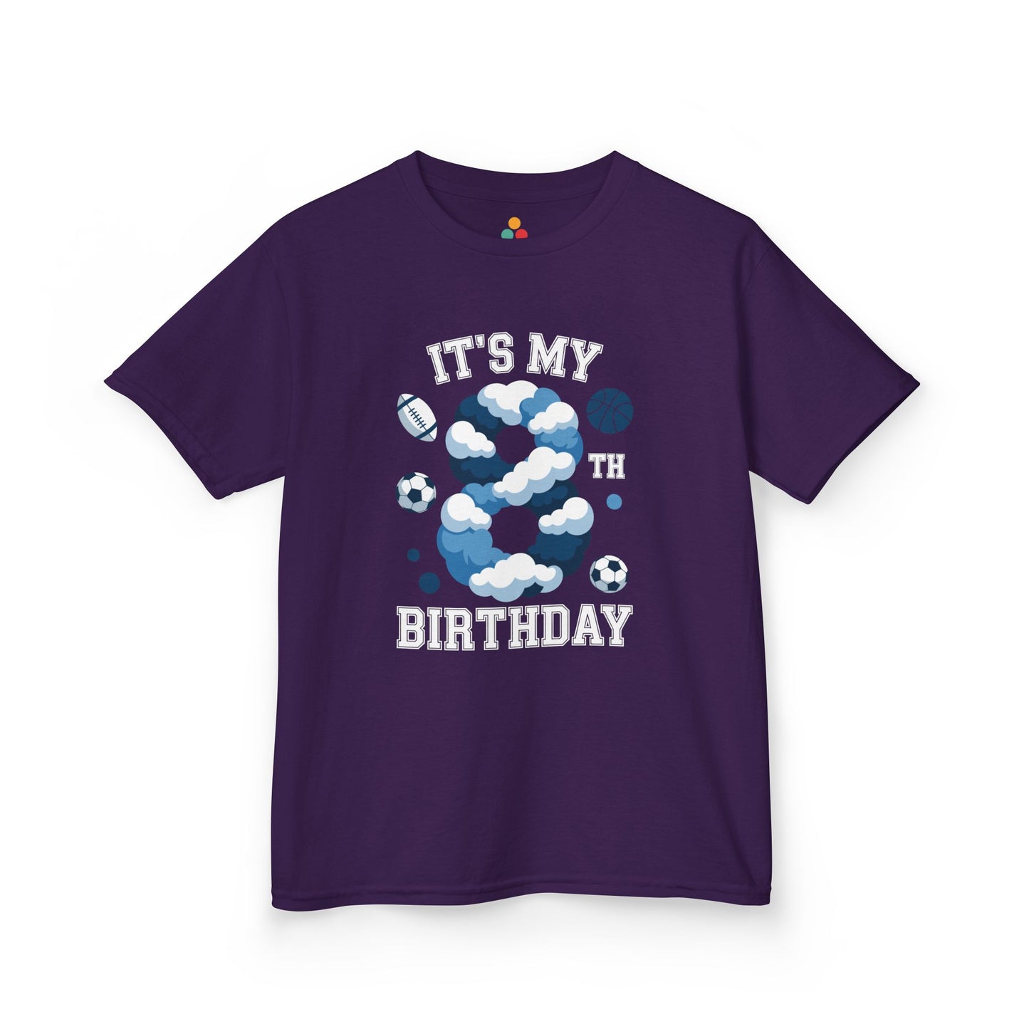 “Purple ‘It’s My 8th Birthday’ sports shirt, cloud number 8 with football and soccer balls, kids athletic birthday tee, flat view.”

