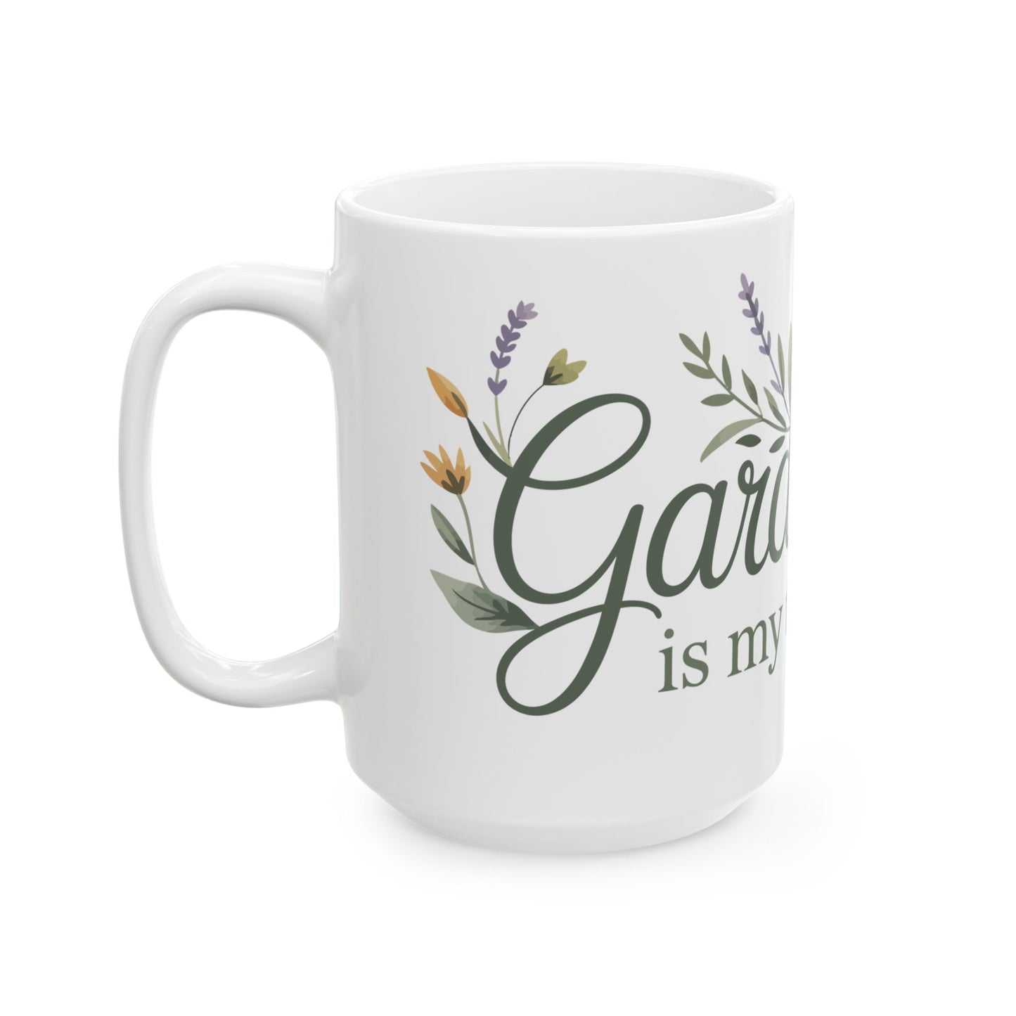 TEEZOCA ceramic mug displaying Gardening Is My Therapy with flowers and greenery