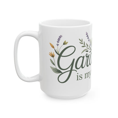 TEEZOCA ceramic mug displaying Gardening Is My Therapy with flowers and greenery