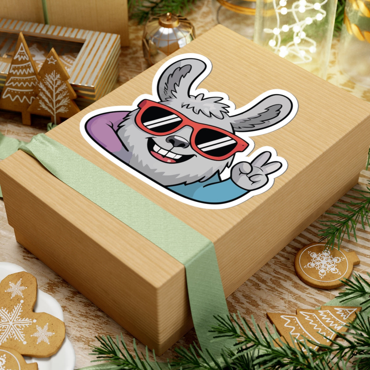 Gift box with a cartoon bunny sticker on a festive background with cookies and decorations. TEEZOCA