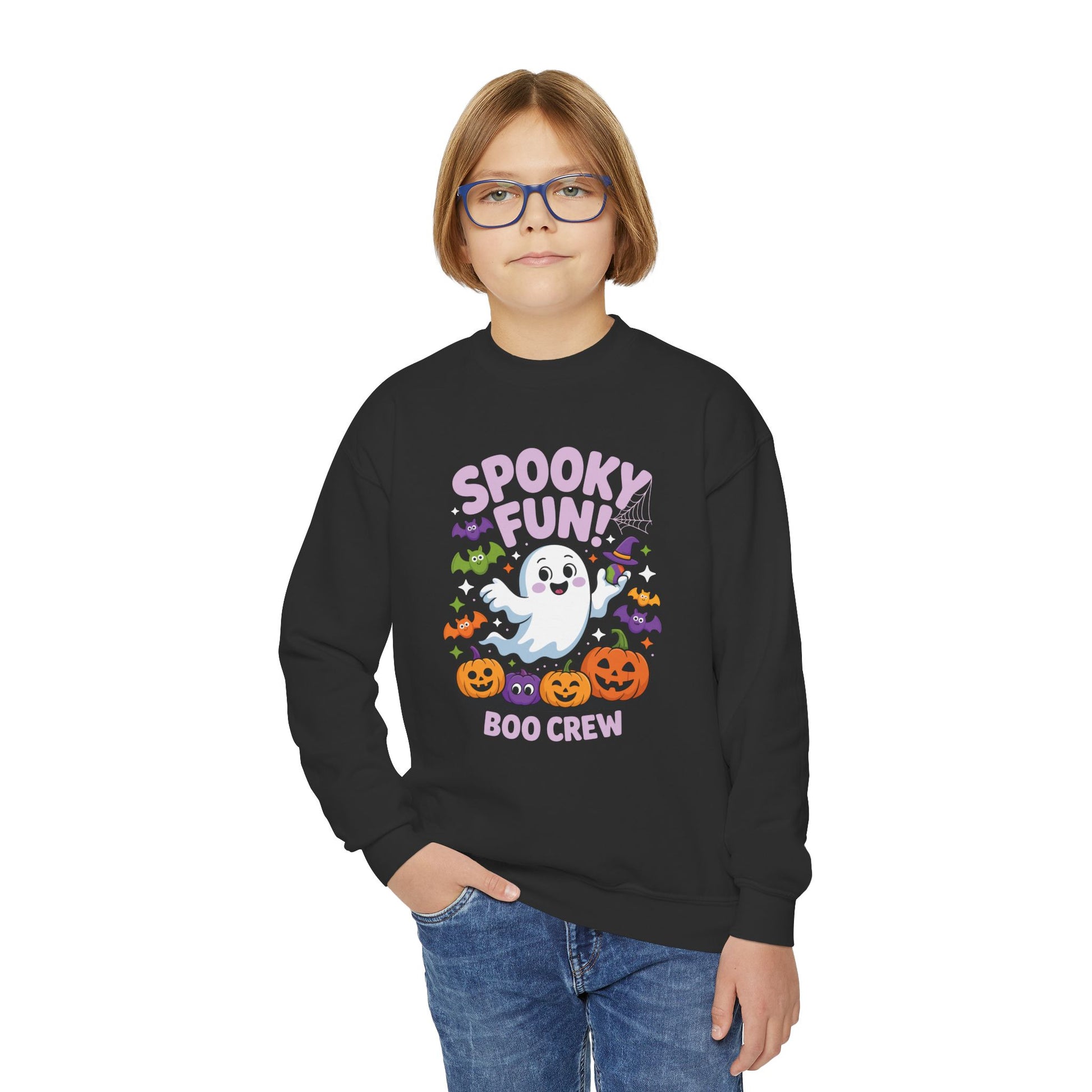 Youth Crewneck Sweatshirt - "Spooky Fun Boo Crew" Halloween Ghost Pumpkin Kids Sweatshirt TEEZOCA