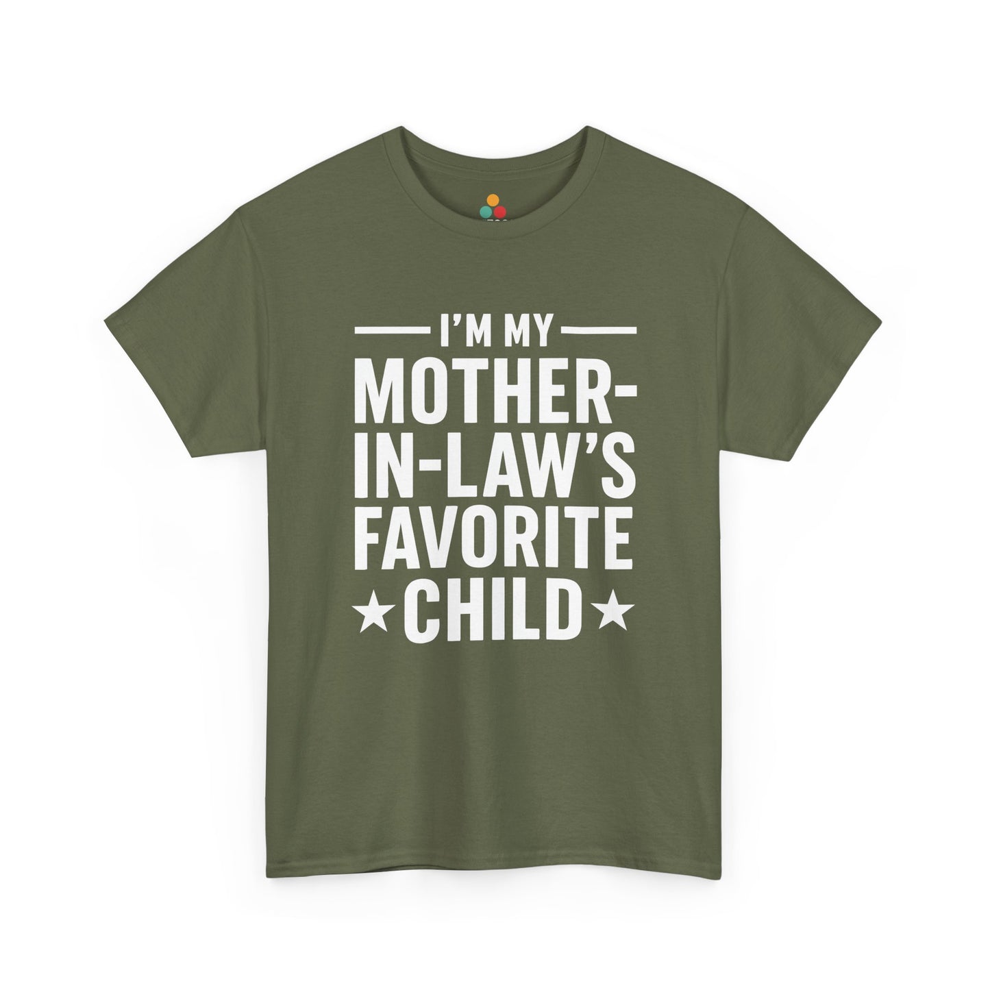 Green t-shirt with text 'I'm my mother-in-law's favorite child' on a white background