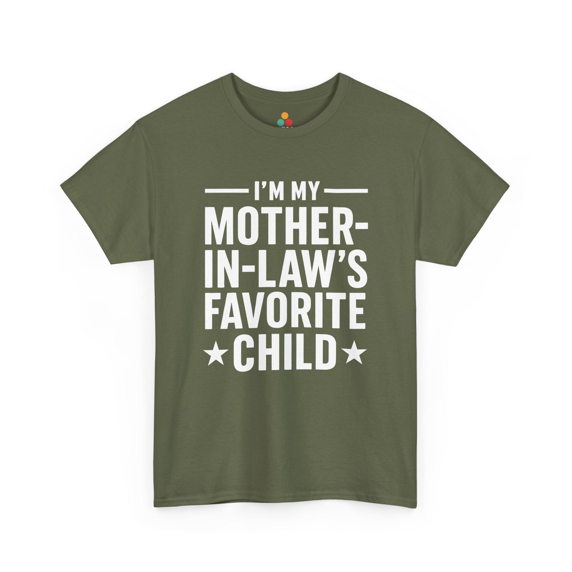 Green t-shirt with text 'I'm my mother-in-law's favorite child' on a white background