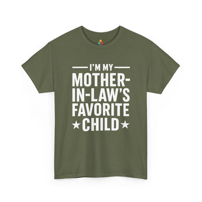Green t-shirt with text 'I'm my mother-in-law's favorite child' on a white background