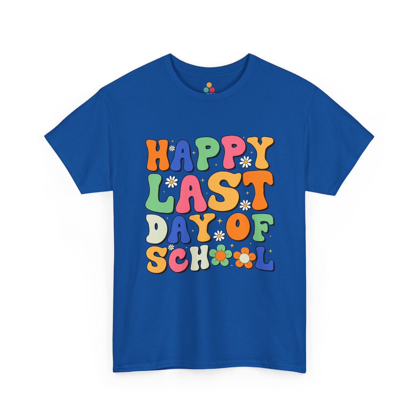 Blue t-shirt with colorful 'Happy Last Day of School' text on a white background