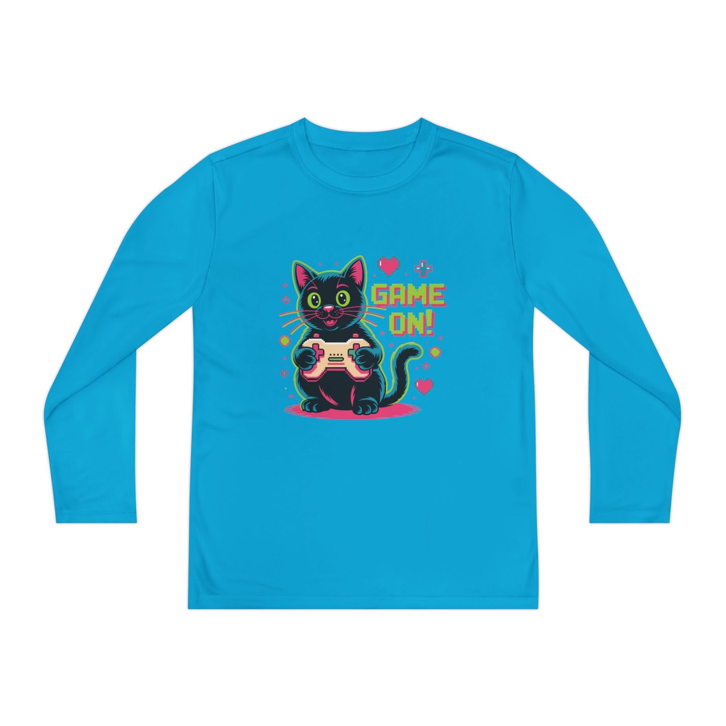 Youth Long Sleeve Tee — "Game On!" Gamer Cat Graphic TEEZOCA