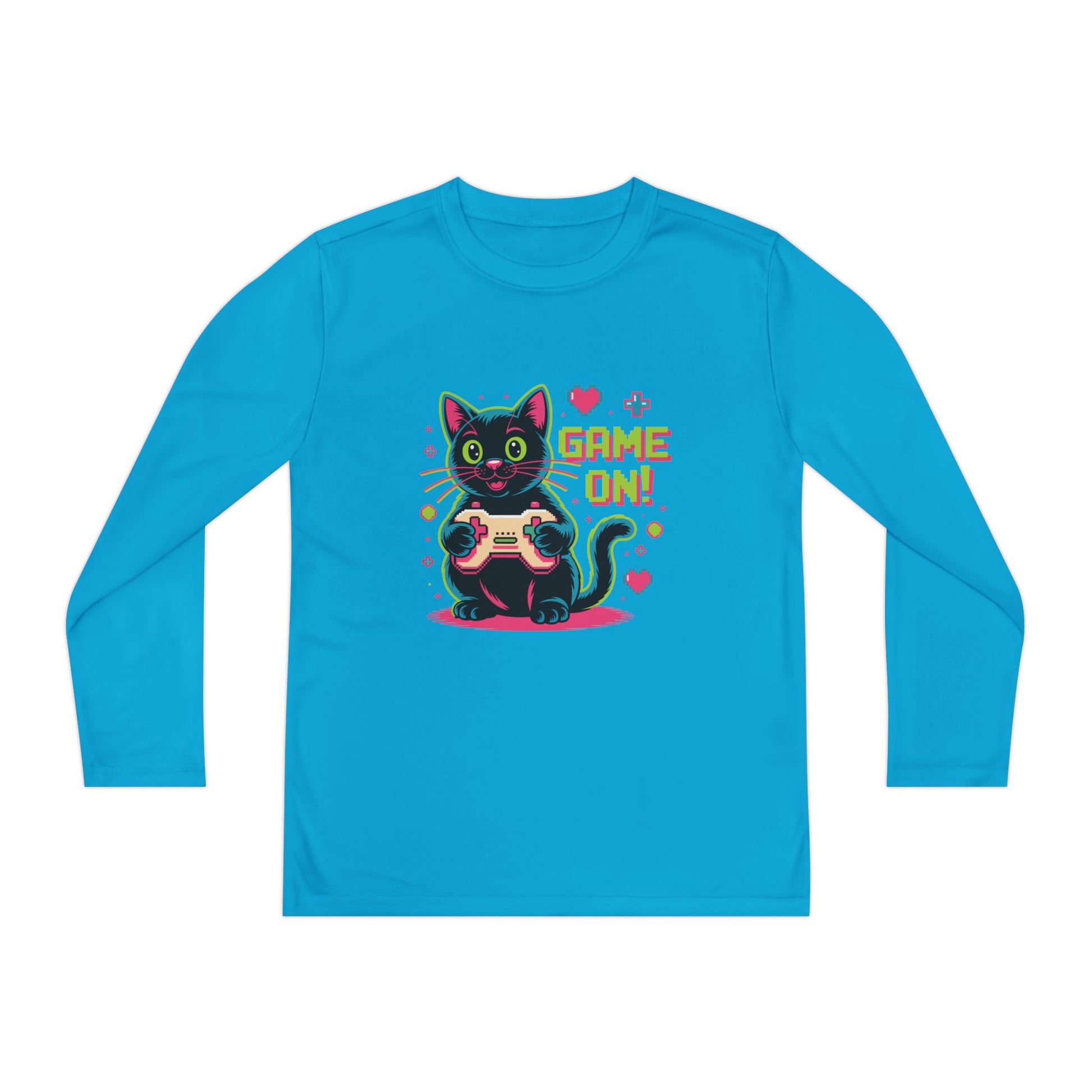 Youth Long Sleeve Tee — "Game On!" Gamer Cat Graphic TEEZOCA