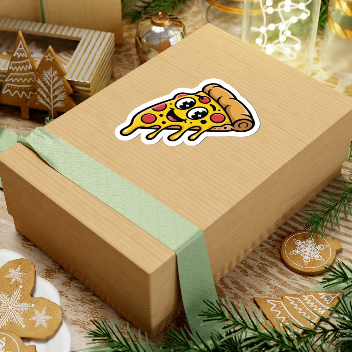 Wooden gift box with a pizza sticker on a festive background with cookies and lights. TEEZOCA