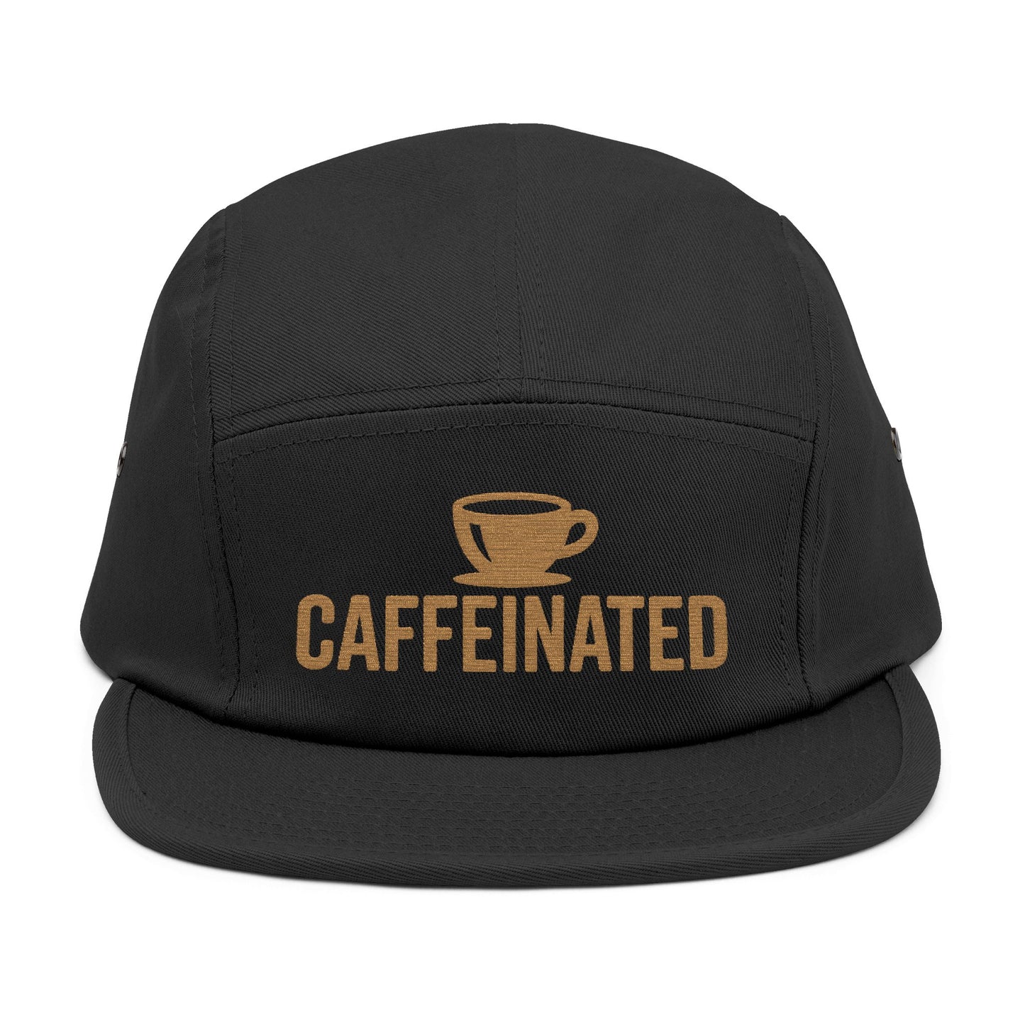 Black cap with 'CAFFEINATED' text and coffee cup graphic on a white background. Caffeinated coffee cup icon embroidered design on five-panel cap. TEEZOCA