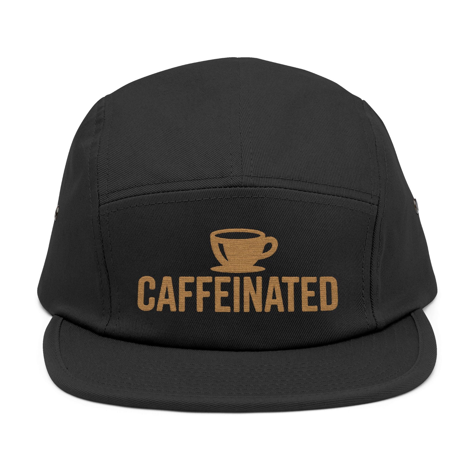 Black cap with 'CAFFEINATED' text and coffee cup graphic on a white background. Caffeinated coffee cup icon embroidered design on five-panel cap. TEEZOCA