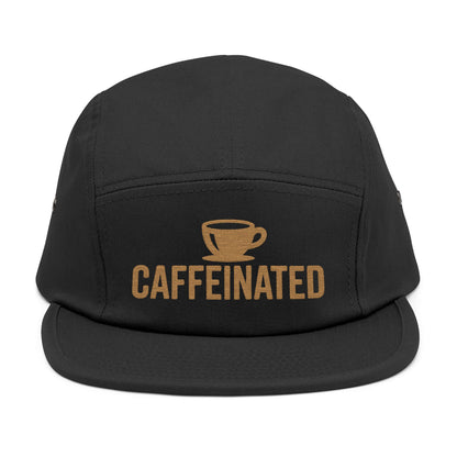 Black cap with 'CAFFEINATED' text and coffee cup graphic on a white background. Caffeinated coffee cup icon embroidered design on five-panel cap. TEEZOCA