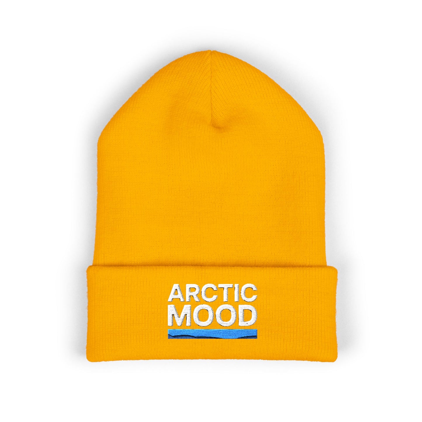 Yellow beanie with 'Arctic Mood' text on a white background