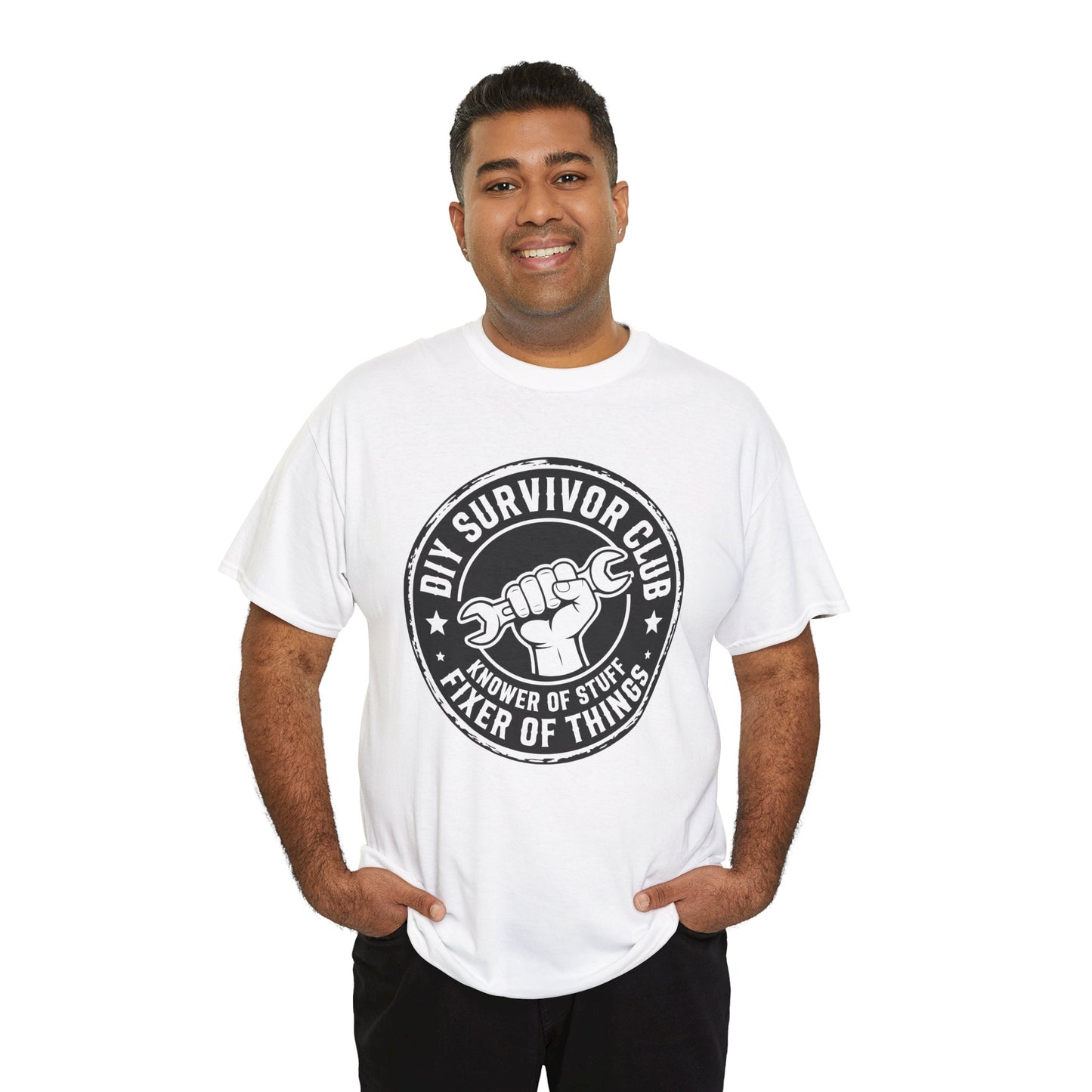 Teezoca Funyy Dad Gift Man wearing a white t-shirt with a graphic design on a white background
