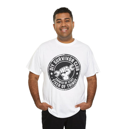 Teezoca Funyy Dad Gift Man wearing a white t-shirt with a graphic design on a white background
