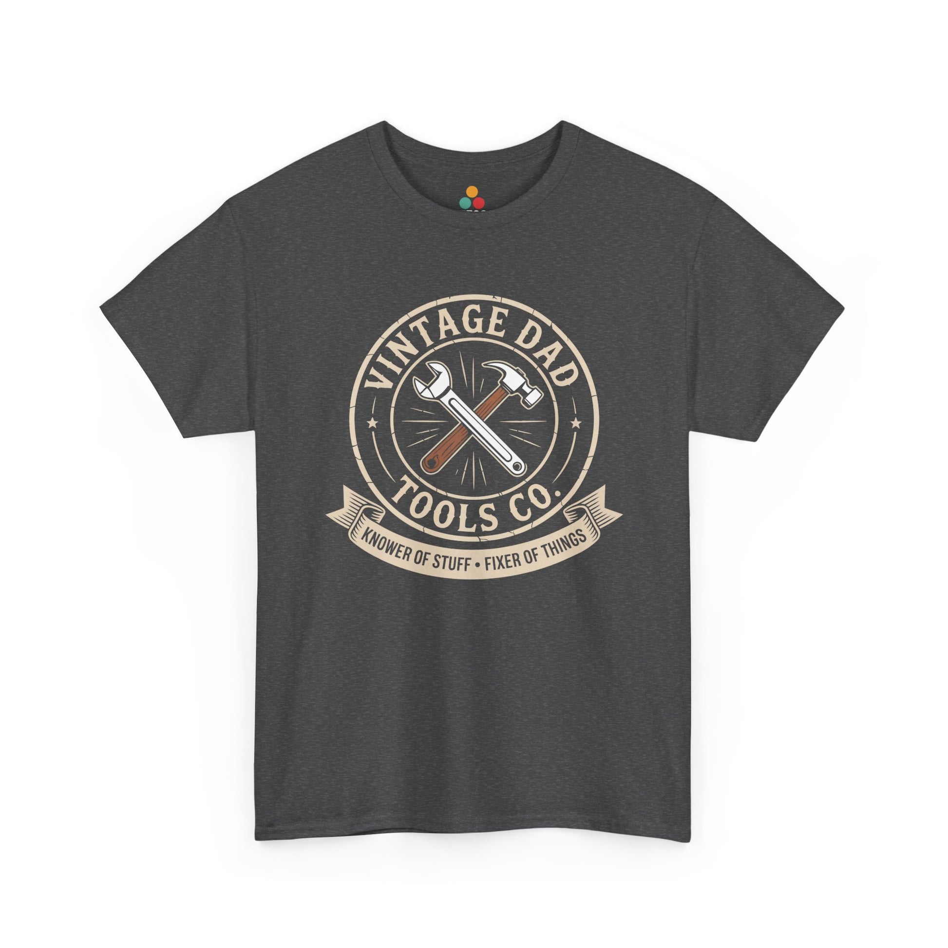 TEEZOCA charcoal gray “Vintage Dad Tools Co.” vintage style dad tools T‑shirt shown flat.