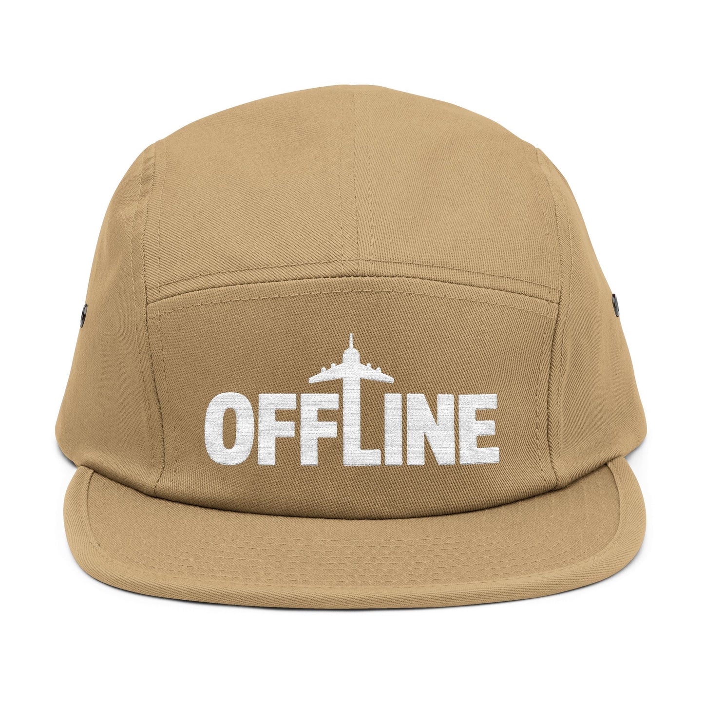 Beige cap with 'OFFLINE' text on a white background. Embroidered OFFLINE airplane graphic on black 5-panel cap. TEEZOCA