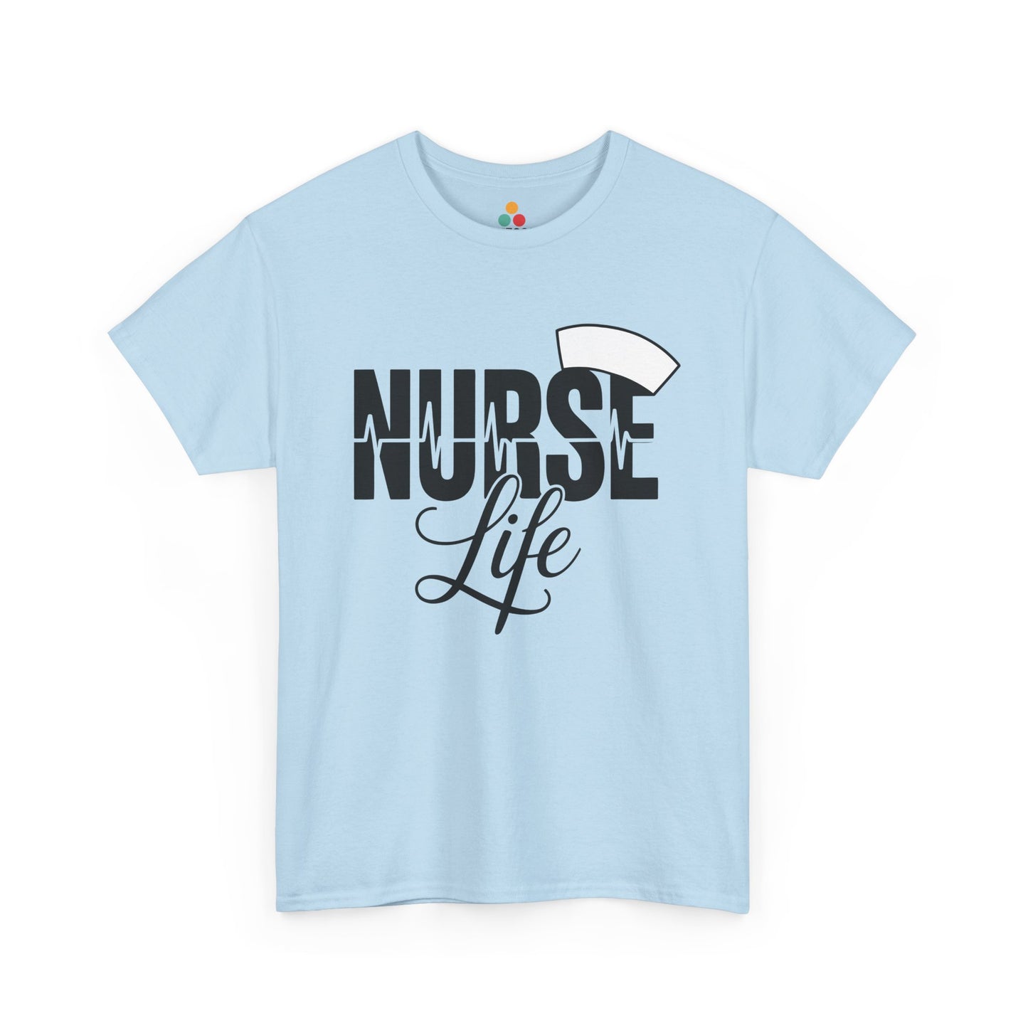 Light blue t-shirt with 'Nurse Life' text and a nurse hat graphic on a white background