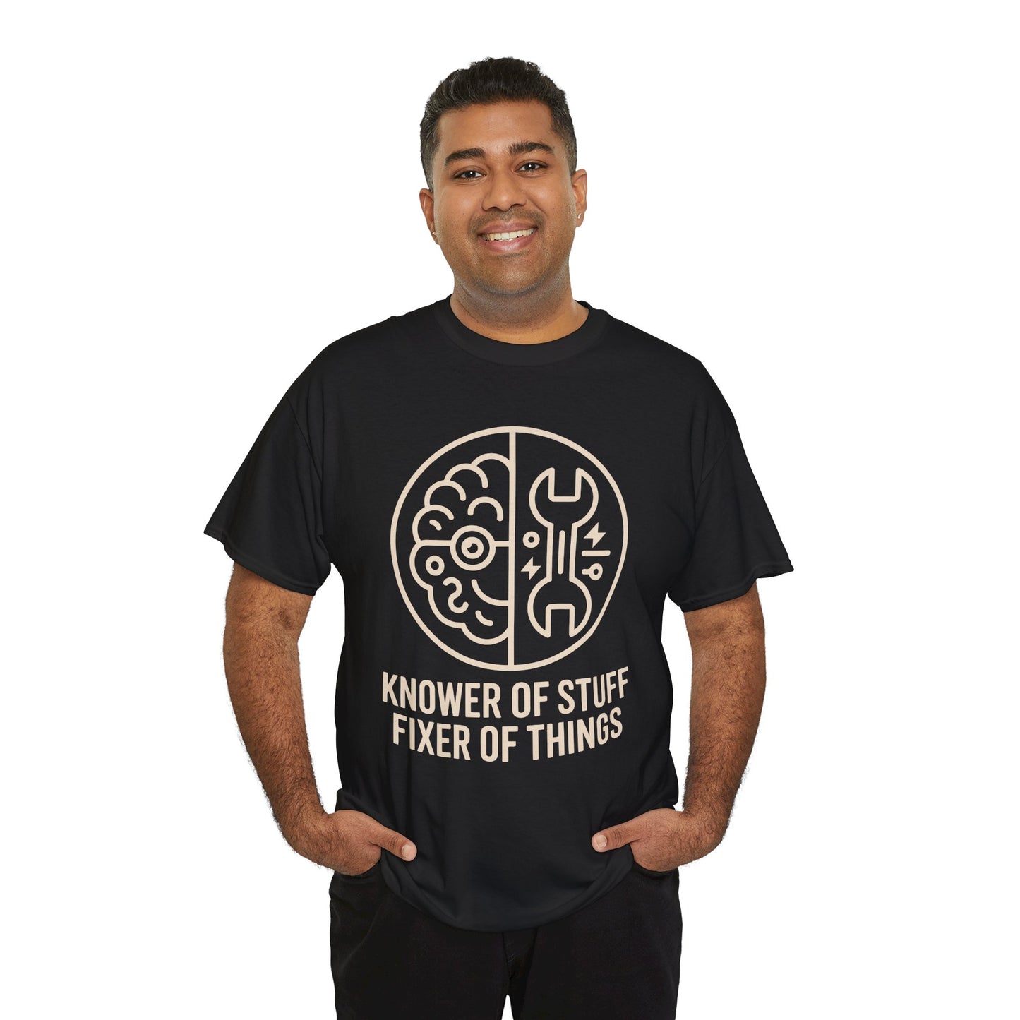 Man wearing a TEEZOCA black “Knower Of Stuff Fixer Of Things” funny problem solver t‑shirt.