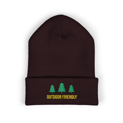 Brown beanie with green trees and 'Outdoor Friendly' text on a white background