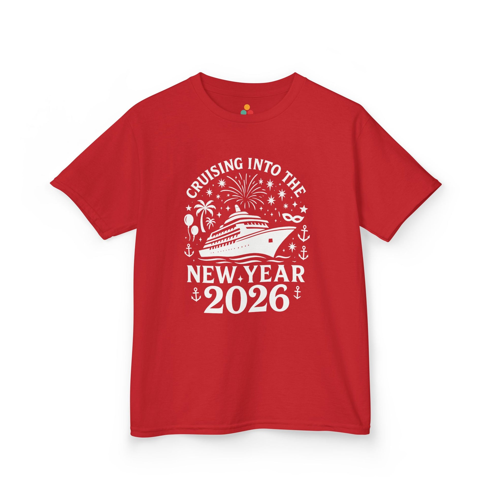 Red t-shirt with white graphic and text 'Cruising into the New Year 2026' on a white background