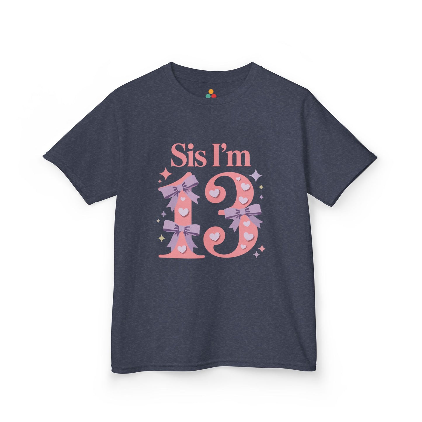 Navy blue t-shirt with 'Sis I'm 13' text and decorative elements on a white background