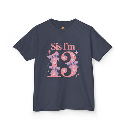 Navy blue t-shirt with 'Sis I'm 13' text and decorative elements on a white background
