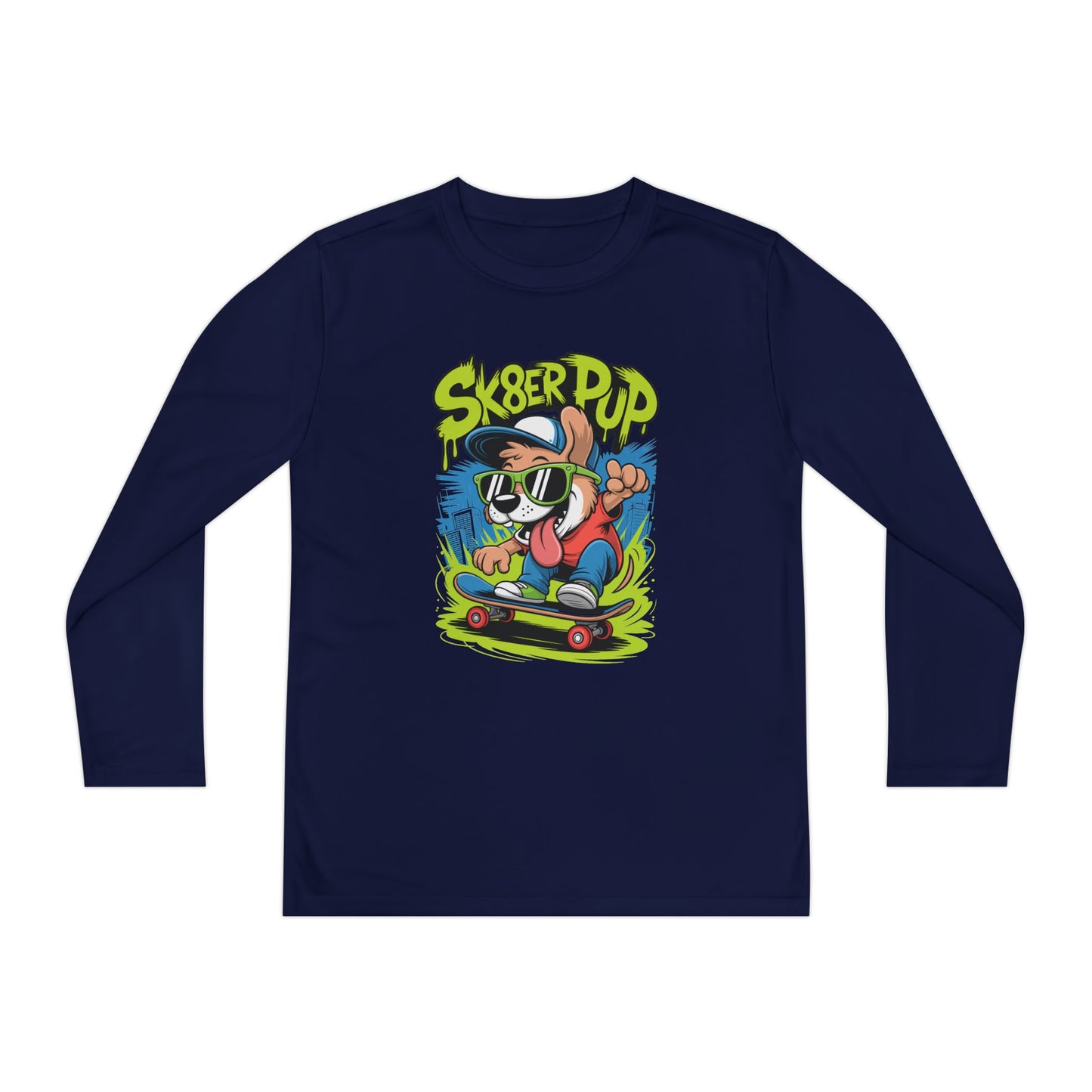Sk8er Pup Skateboard Youth Long Sleeve Tee — Retro Skate Dog Graphic TEEZOCA