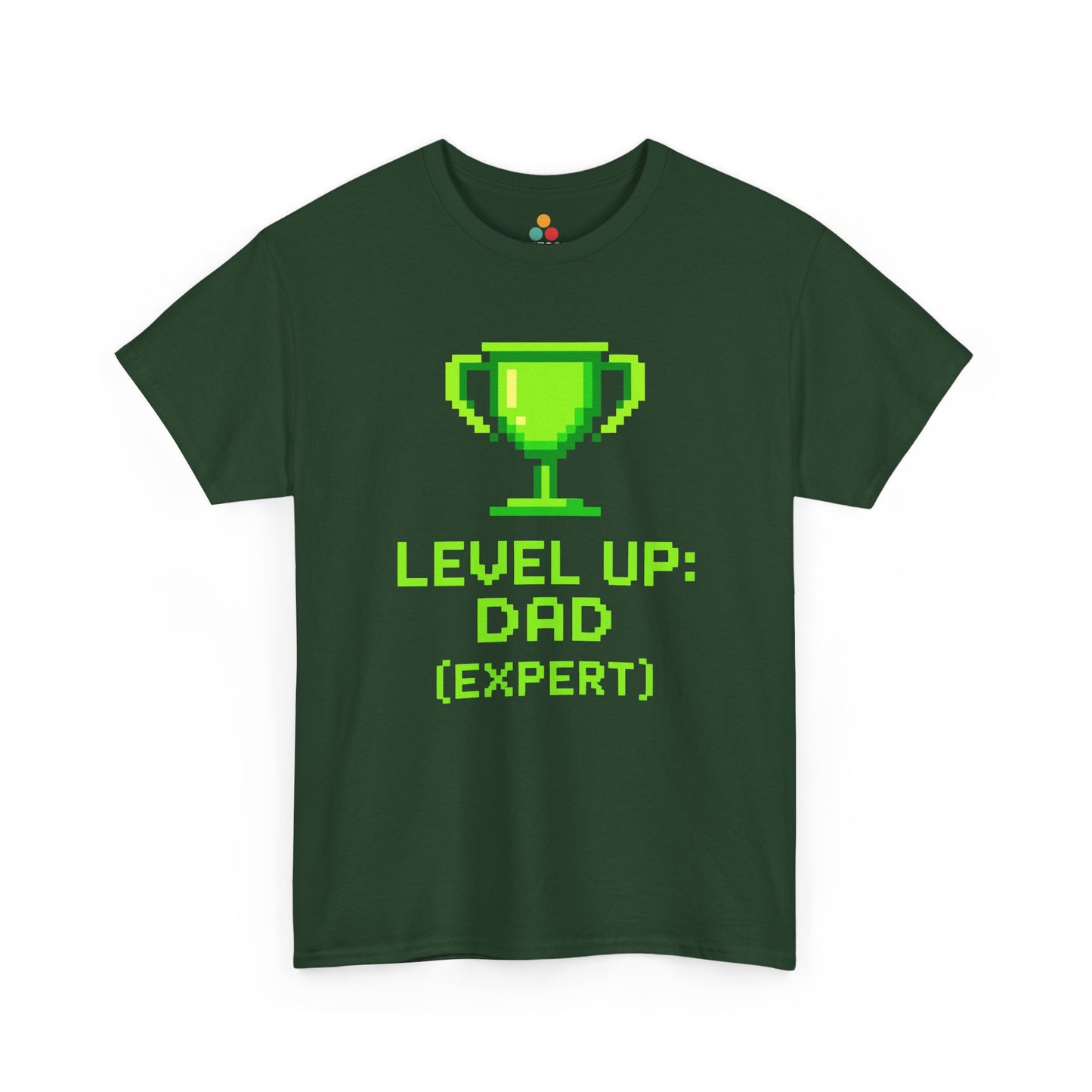 “forest green ‘Level Up: Dad (Expert)’ tees with neon trophy design, flat view.”

