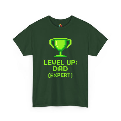 “forest green ‘Level Up: Dad (Expert)’ tees with neon trophy design, flat view.”

