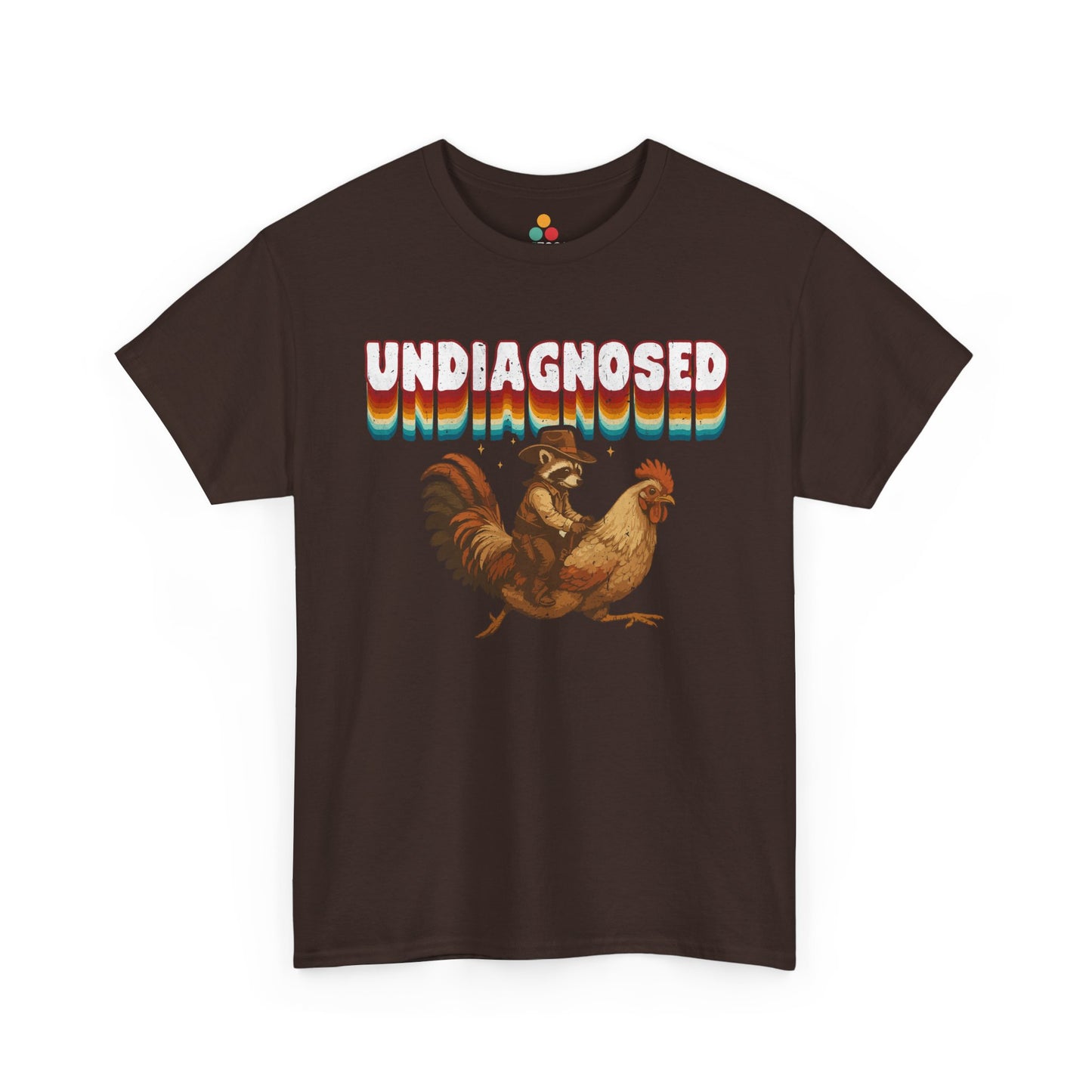 Brown t-shirt with a graphic of a rooster and 'undiagnosed' text on a white background