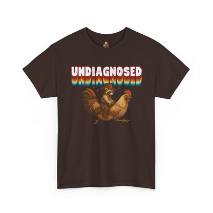 Brown t-shirt with a graphic of a rooster and 'undiagnosed' text on a white background
