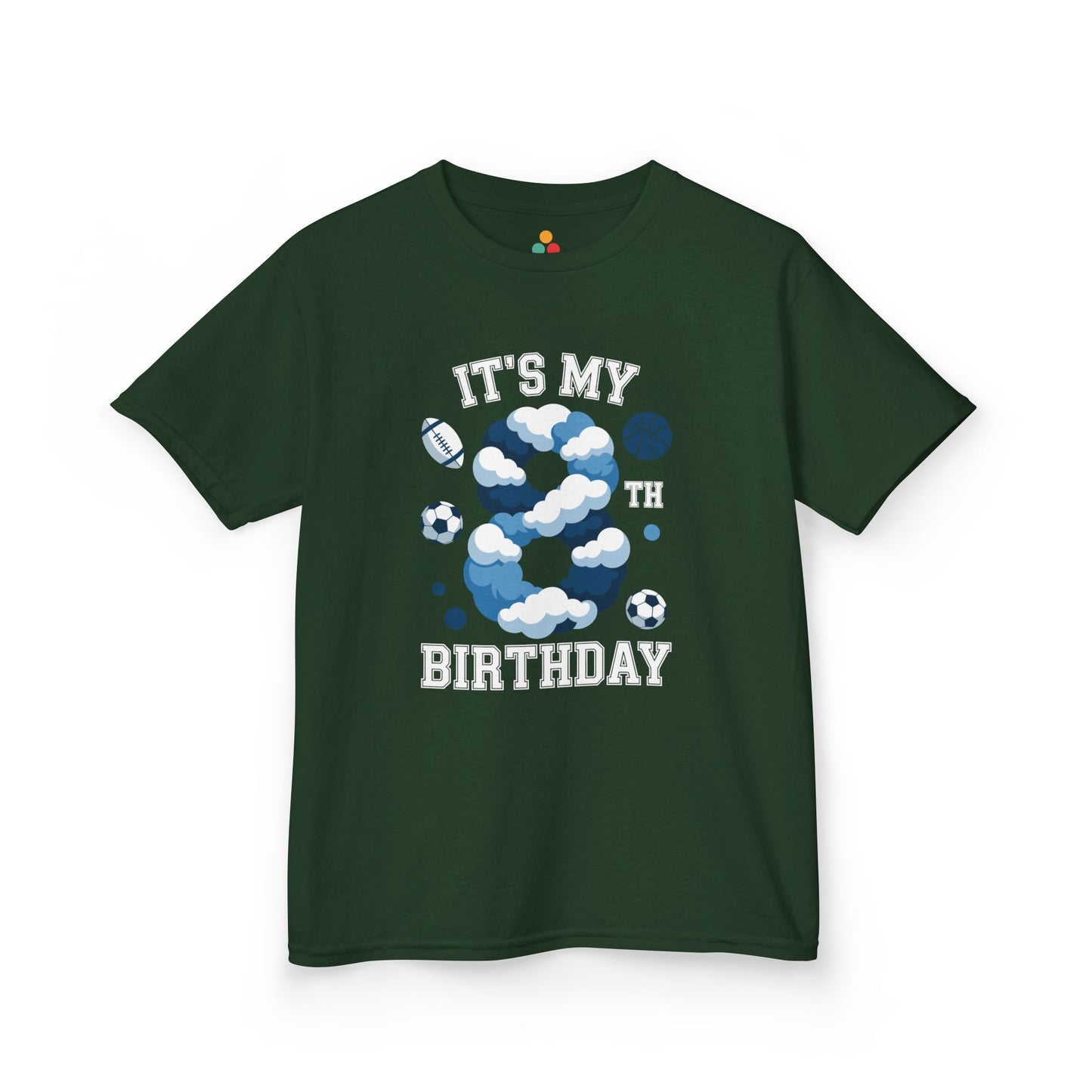 “Forest green kids ‘It’s My 8th Birthday’ sports t‑shirt with cloud 8 and mixed sports balls, flat display.”

