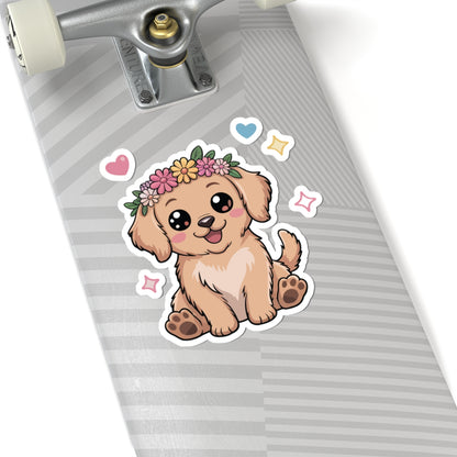 TEEZOCA cute kawaii puppy flower crown sticker with smiling pastel dog illustration