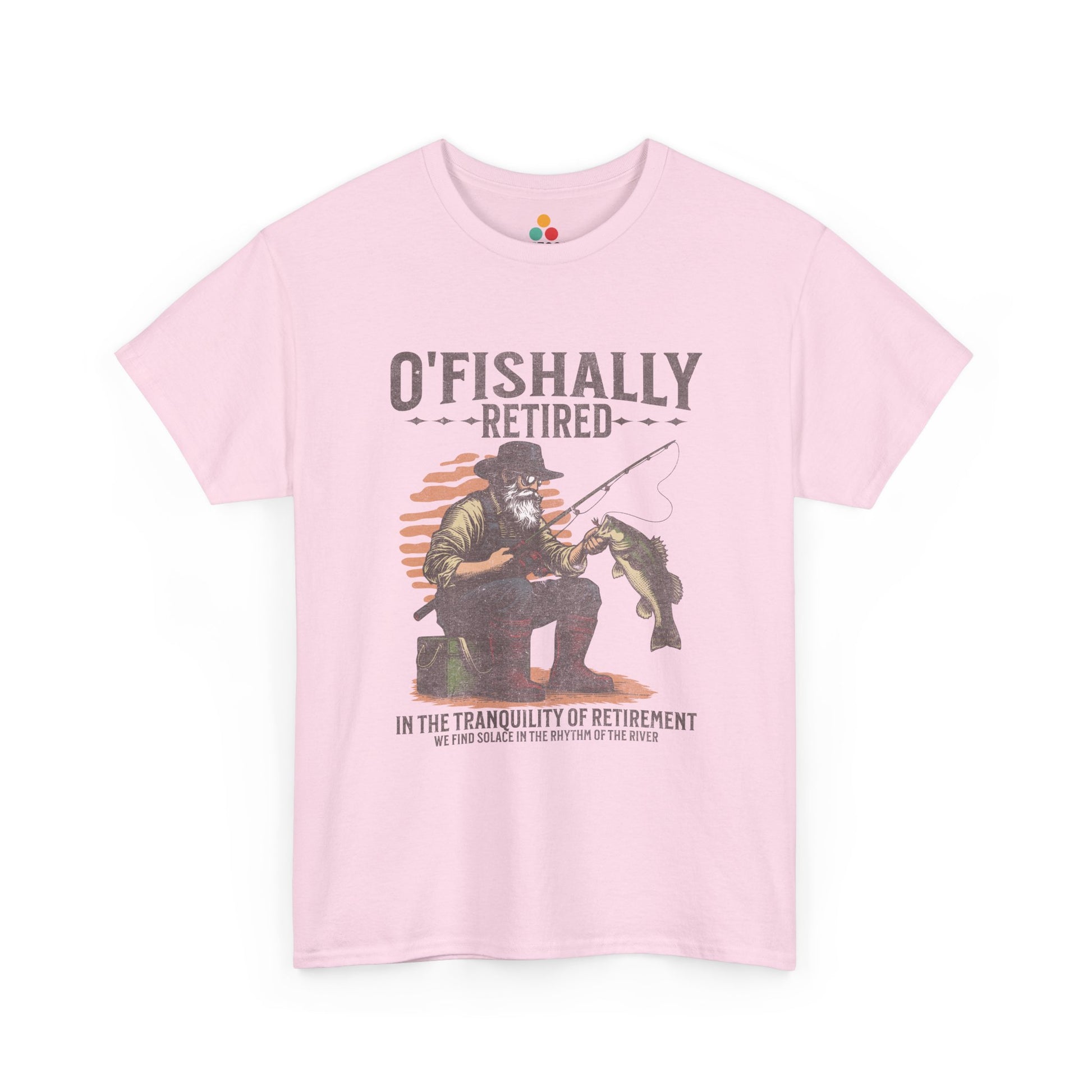 “Teezoca Pink O’Fishally Retired shirt, vintage fisherman illustration and bass catch, funny retirement fishing tee, front”

