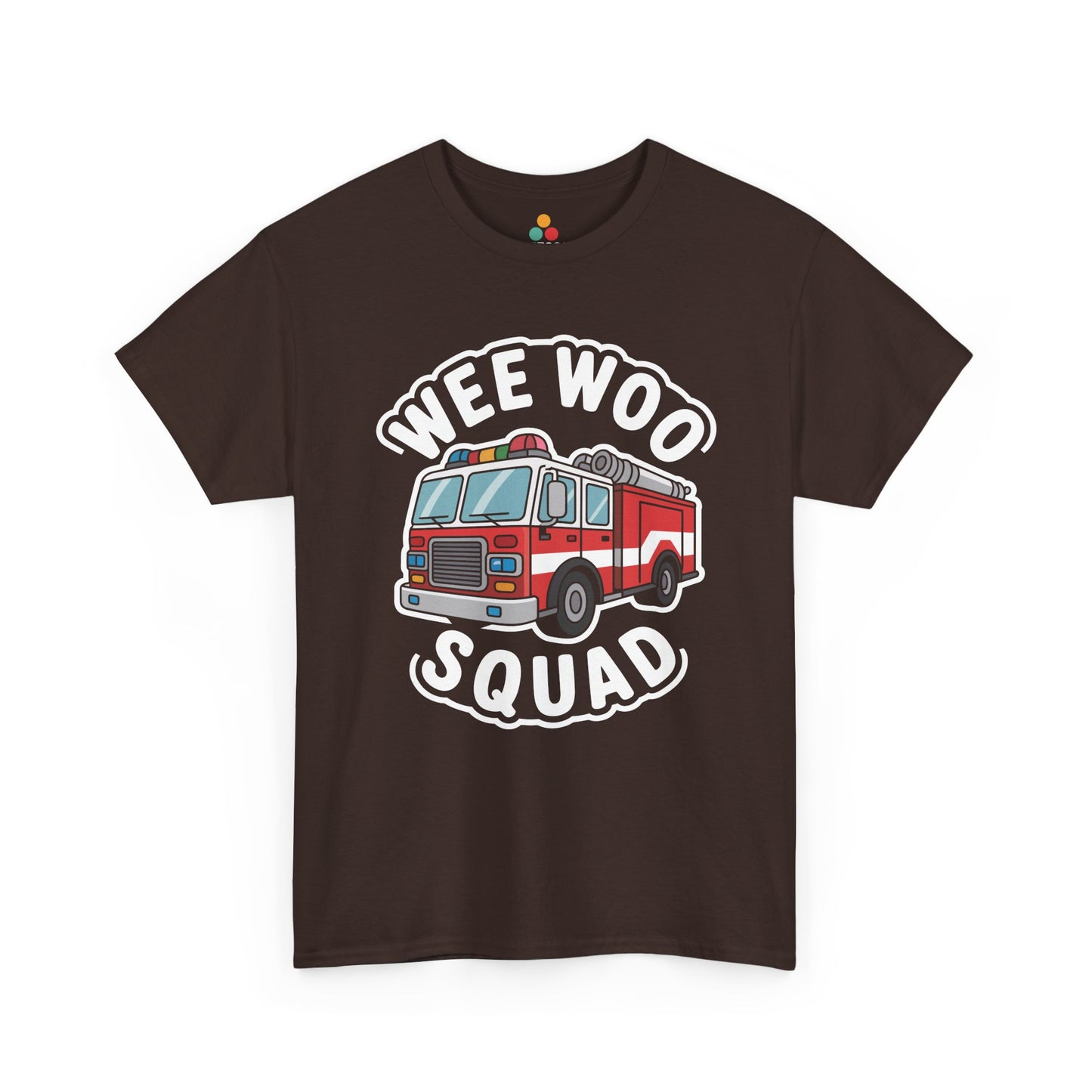 “Teezoca Wee Woo Squad firefighter t-shirt, cute fire engine art, dark brown tee, front view.”


