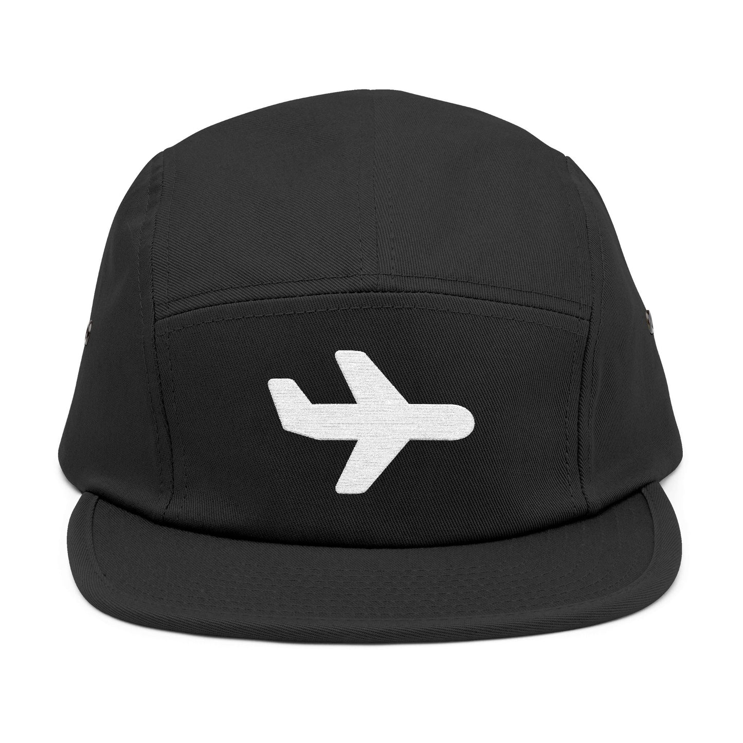 Black cap with a white airplane icon on a white background. Minimal white airplane icon embroidered on black 5-panel cap. TEEZOCA